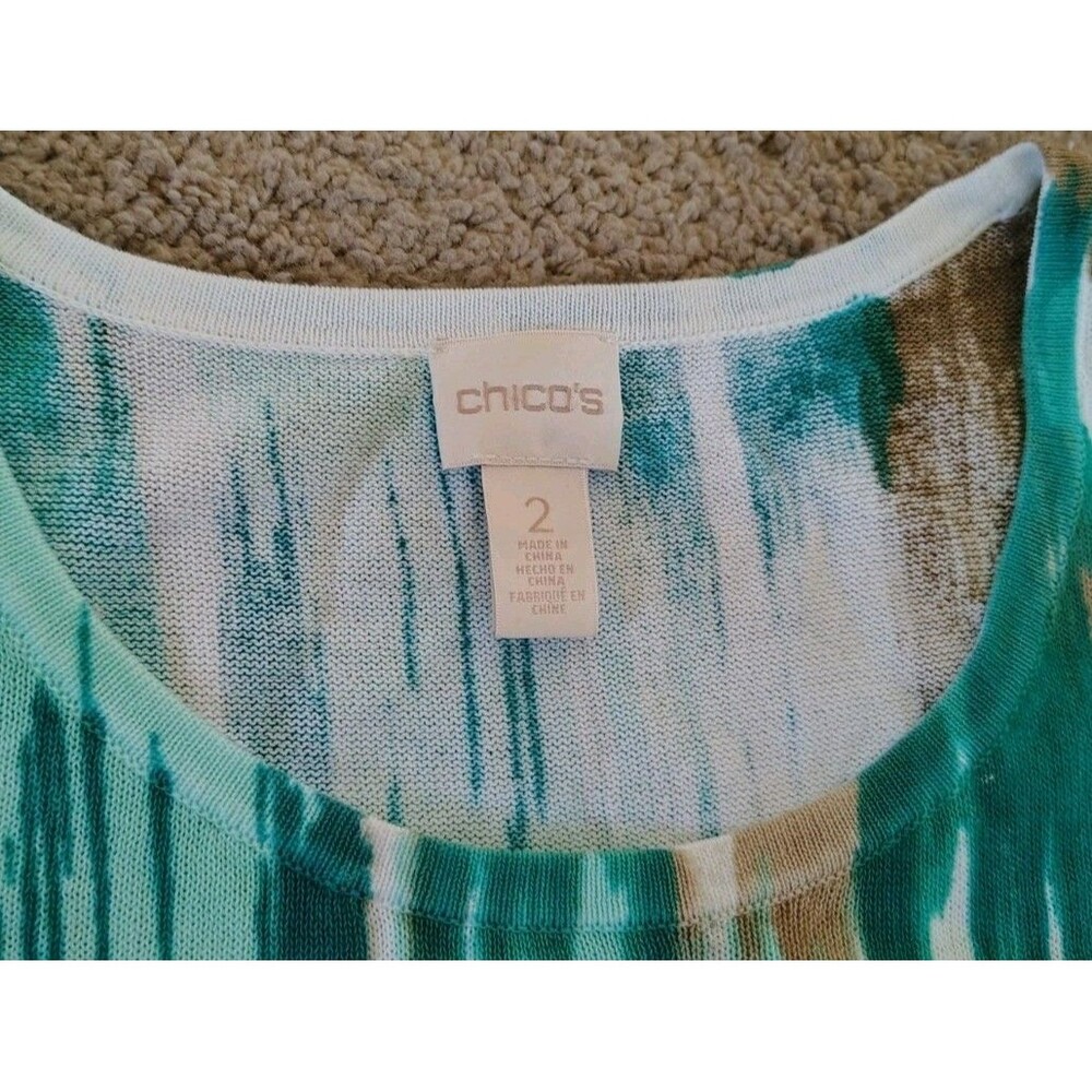 Chico's Okay Print Longline Open Cardigan Matching Tank Top Teal Green Size 2... - Picture 5 of 8